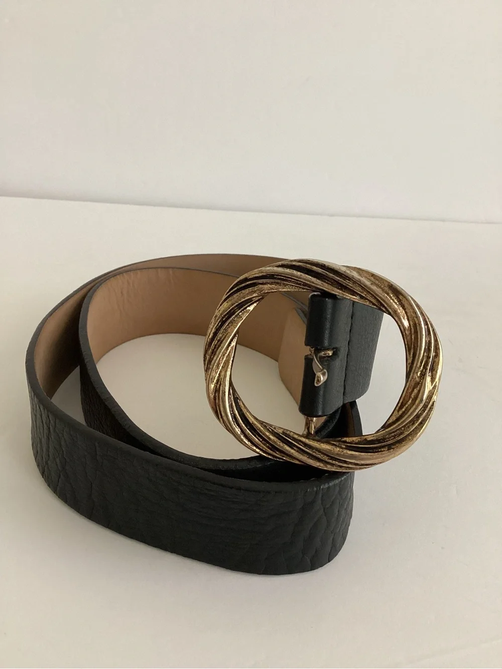 B-Low The Belt Black Leather Wide Waist Belt Twisted Gold Statement Buckle